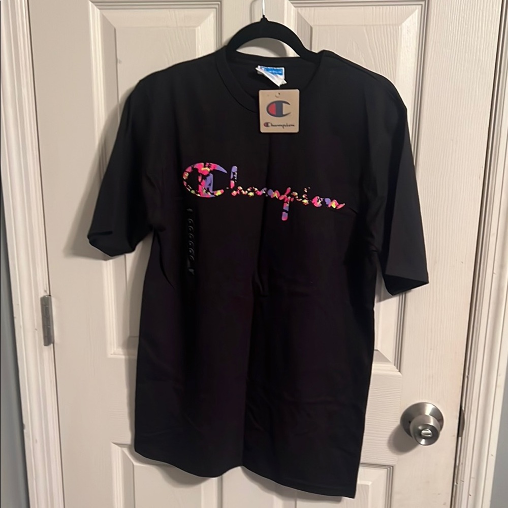 Champion Black Tee with Vibrant Logo